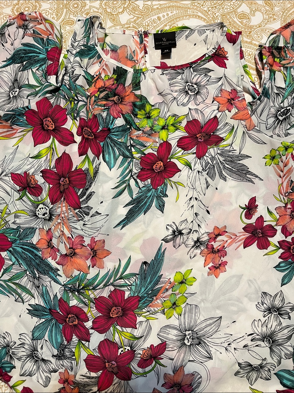 Worthington White Floral Camisole with Pink, Teal & Lime Accents